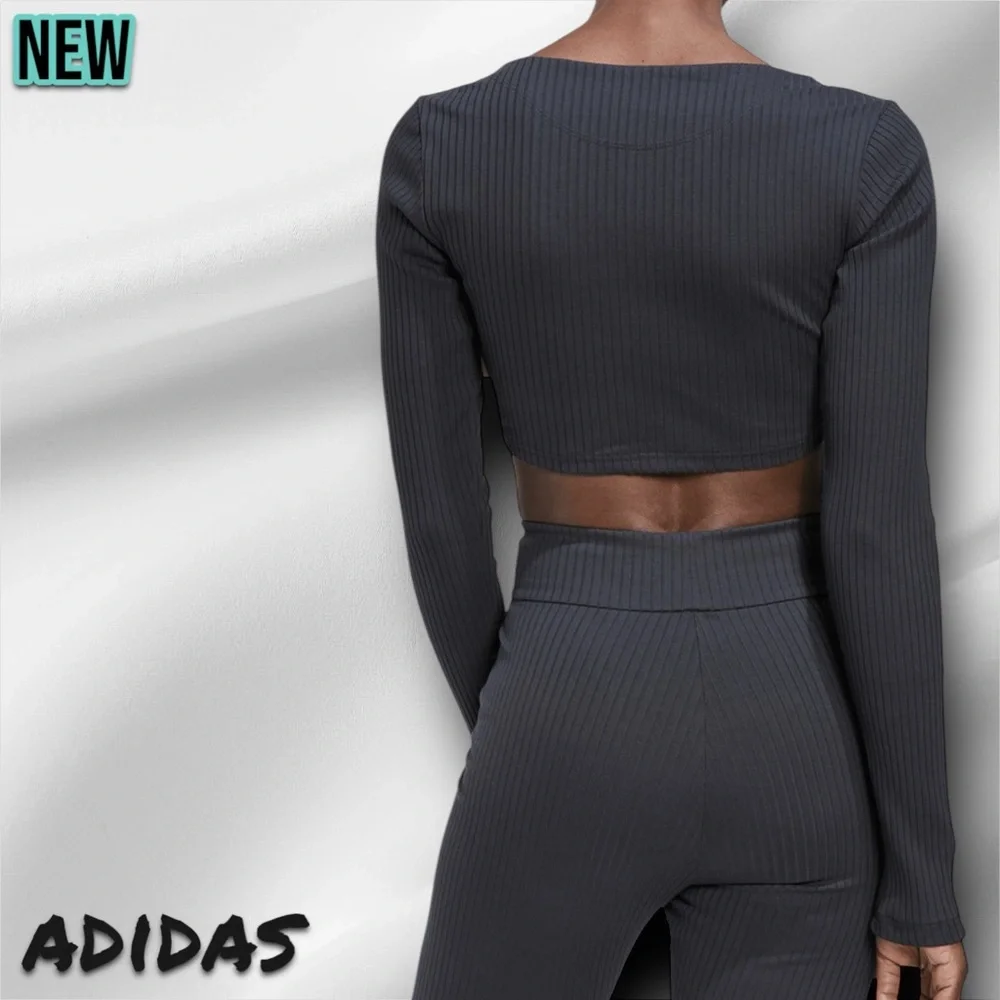 🔴New NWT adidas Women’s Studio Rib Long Sleeve Crop op Carbon - Large - Picture 3 of 7